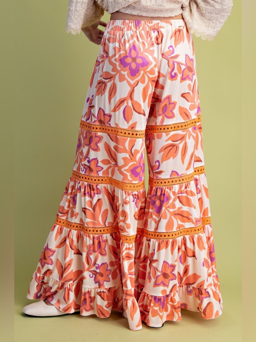 easel Orange, Pink & Cream Floral Wide-Leg Tiered Pants - Picture 3 of 3